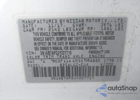 2018 Nissan Sentra Sl from USA, damaged, VIN 3N1AB7AP2JY227719